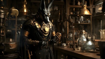 Anubis in a Steampunk Workshop