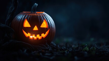 Mysterious Jack O'Lantern Illuminating Twisted Tree in Darkness - Halloween Spooky Scene with Copy Space, Selective Focus, Ultra HD