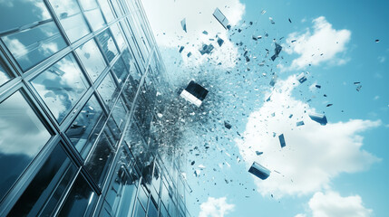 Exploding Glass Wall with Corporate Buildings in Ultra HD