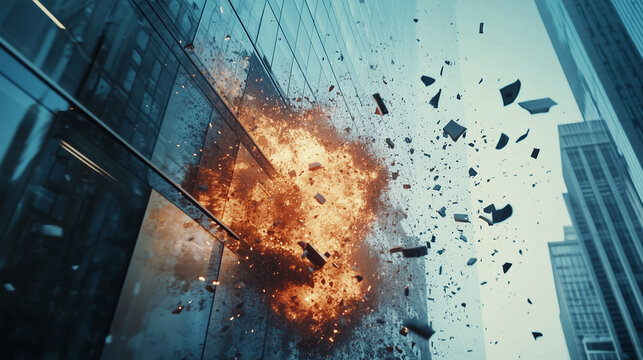 Exploding Glass Wall with Corporate Buildings in Ultra HD