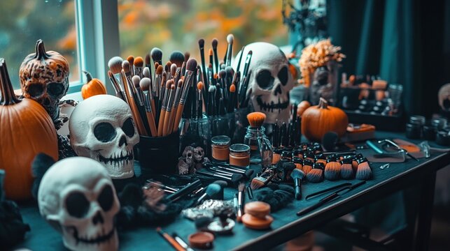 Halloween makeup tutorial scene, with a table full of ghost makeup tools, brushes, and spooky accessories