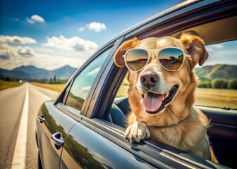 photo image of a dog wearing trendy sunglasses riding in the passenger seat of a cool car driving down a sunny highway