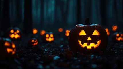 Enchanting Halloween Night in Dark Woods with Glowing Jack-o'-lanterns, Eerie Atmosphere for Copy Space, Selective Focus on Foreground, Ultra HD