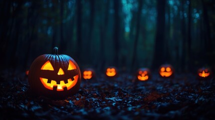 Fototapeta premium Enchanted Halloween Forest with Glowing Jack-o'-Lanterns - Spooky Holiday Background in Dark Woods with Copy Space, Selective Focus | Ultra HD