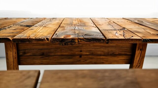 Natural light illuminates a rustic wooden tabletop in a serene setting, highlighting its texture and beauty