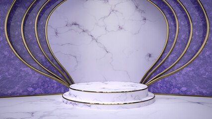 Luxury podium for product display white marble and purple abstract background, 3D render