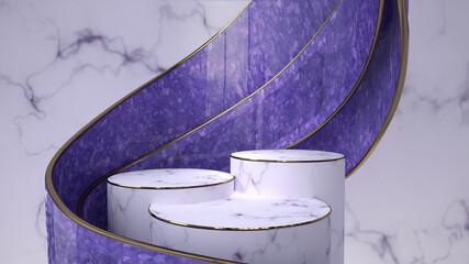 Luxury podium for product display white marble and purple abstract background, 3D render
