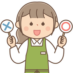 マルバツの札をもつ書店員の女性