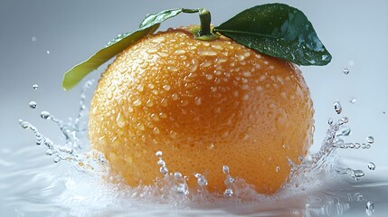 Orange Splashing in Water with Green Leaf
