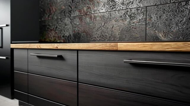 Elegant kitchen design featuring sleek cabinets and a wooden countertop