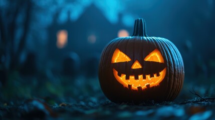 Naklejka premium Spooky Halloween Carved Pumpkin in Front of Haunted House with Copy Space, Selective Focus, Ultra HD