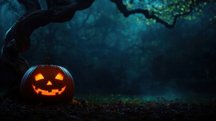 Enchanted Halloween Scene with Large Pumpkin Under Twisted Tree in Dark Misty Forest - Ultra HD Copy Space for Text