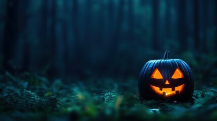 Naklejka premium Enchanting Jack-o'-Lantern Illuminating Mysterious Forest Clearing with Copy Space, Ultra HD
