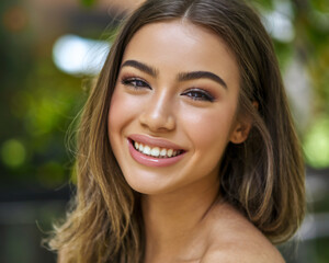 Naklejka premium a close-up shot of a beautiful young woman with a big, healthy smile. She has brown hair and is wearing makeup. The background is blurred and contains greenery. The lighting is soft.