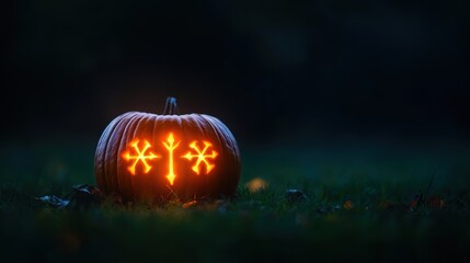 Enchanting Pumpkin with Glowing Runes in Magical Darkness - Mystical Halloween Concept