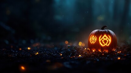 Naklejka premium Enchanted Pumpkin with Glowing Runes Emitting Magical Aura in Darkness - Selective Focus Ultra HD