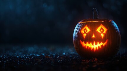 Enchanted Pumpkin with Glowing Runes in Magical Darkness - Spooky Halloween Concept with Copy Space for Text