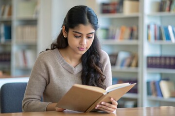 An Indian female student studying alone in a library setting.
