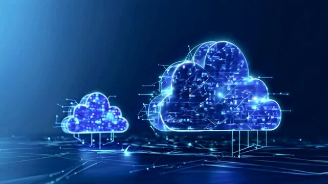 Cloud and edge computing technology data transfer concept with cyber security information protection system on dark blue background.