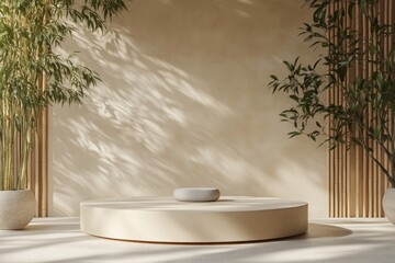 3d Mock up Soft beige podium with bamboo elements and zen garden theme. Pedestal stage for wellness product presentation. Tranquil scene for advertising. Sale promotion background.