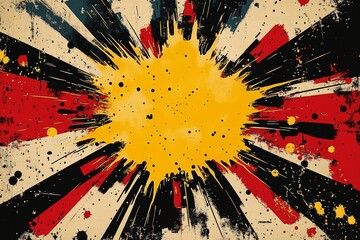 A dramatic explosion of colors with yellow at the center, surrounded by bold red and black streaks, creating an energetic and dynamic visual impact