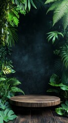 3d Mock up Dark wooden podium with lush green ferns and tropical jungle theme. Pedestal stage for eco-friendly product presentation. Natural scene for advertising. Sale promotion background.
