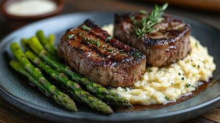 Grilled Steak with Creamy Risotto and Asparagus
