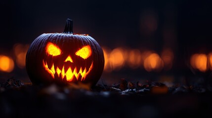 Distorted Jack-o'-lantern with Eerie Glow - Spooky Halloween Concept with Copy Space for Text, Selective Focus in Ultra HD