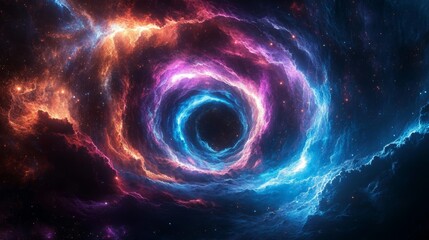 A mesmerizing cosmic scene featuring swirling clouds of vibrant colors, depicting a celestial vortex surrounded by stars and a deep abyss.