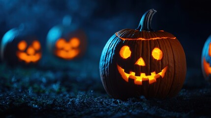 Fototapeta premium Glowing Silly Pumpkins with Goofy Faces in the Dark Copy Space, Halloween Jack-o'-lanterns, Selective Focus, Ultra HD