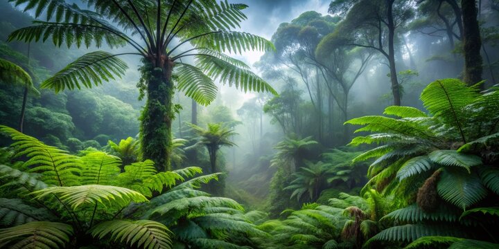 a photo image of a foggy morning in a dense jungle stretching upwards with giant ferns growing tall amidst giant vines
