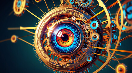 Obraz premium A vibrant 3D illustration of a human eye with intricate clockwork mechanisms instead of a pupil, symbolizing the concept of time perception and the intricate nature of human experience.