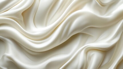 Obraz premium A close-up view of soft, luxurious silk or satin fabric, featuring flowing, undulating folds in a cream or off-white color