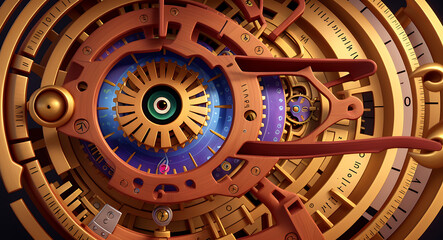 Obraz premium A vibrant 3D illustration of a human eye with intricate clockwork mechanisms instead of a pupil, symbolizing the concept of time perception and the intricate nature of human experience.