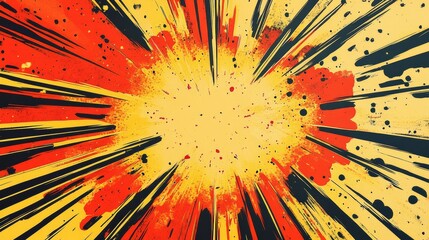 A vibrant explosion graphic with bold colors—yellow, red, and black—radiating outward, creating a dynamic and energetic visual impact