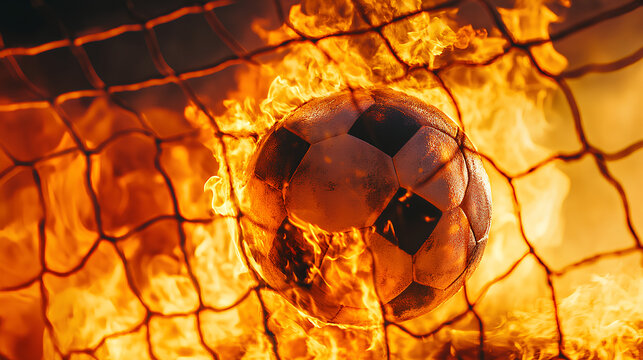 Fiery Soccer Ball In Goal With Net In Flames