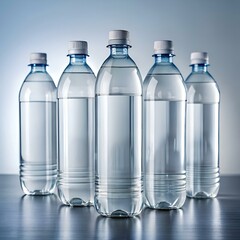 Five clear plastic water bottles with white caps. arranged in a row on a table against a muted blue background.