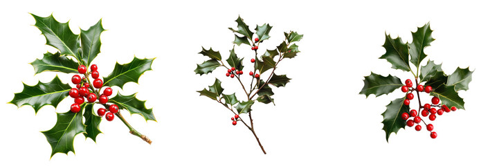 set of A sprig of holly with red berries and green leaves isolated on a transparent background