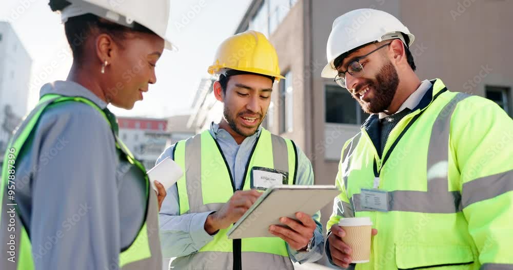 Poster Contractor, tablet and planning with group of people in city for project management, digital blueprint and teamwork. Architecture, technology and design with engineering for urban development