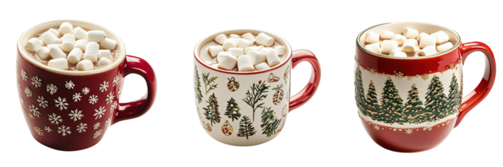 set of A festive Christmas mug filled with hot cocoa and marshmallow on a transparent background
