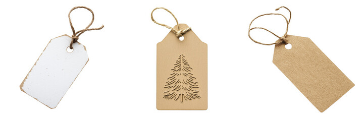 set of a Christmas gift tag tied with twine on a transparent background
