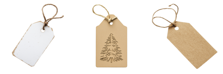 set of a Christmas gift tag tied with twine on a transparent background