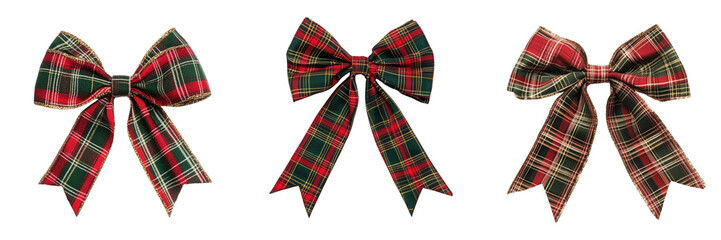 set of a festive holiday bow made of plaid ribbon on a transparent background