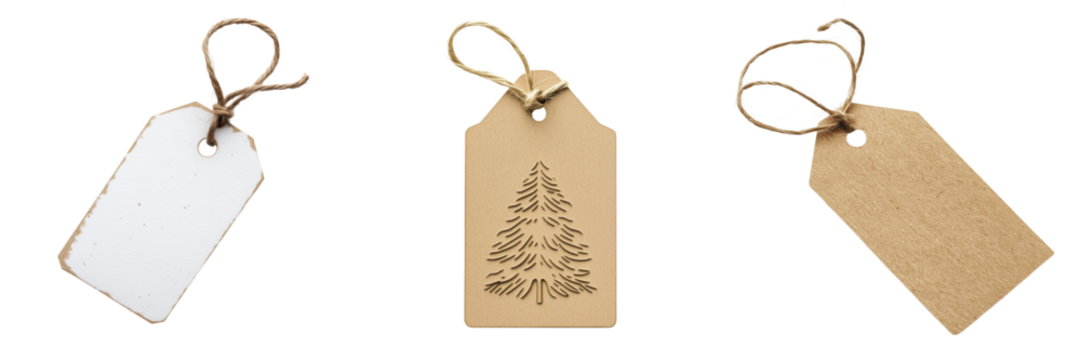 set of a Christmas gift tag tied with twine on a transparent background
