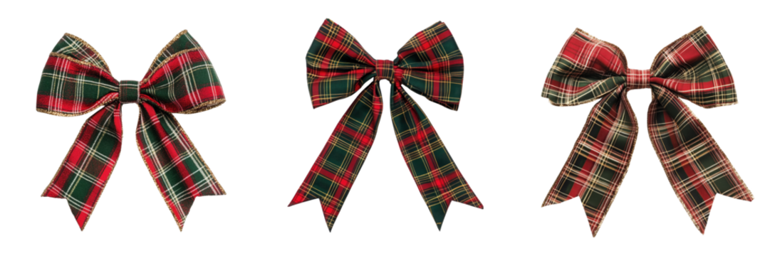 set of a festive holiday bow made of plaid ribbon on a transparent background