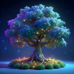 A magical 3D illustration of a glowing tree with intricate roots against a starry night sky.