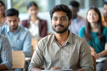 An Indian male student attending or participating in a campus event or seminar.
