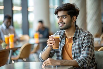 An Indian student relaxing and having a drink in a campus café.
