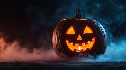 Mystical Jack-o'-Lantern with Swirling Mist and Flickering Light, Halloween Concept with Copy Space in Ultra HD