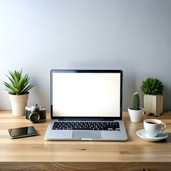 Minimalist workspace mockup featuring a laptop with a blank screen. a vintage camera. a smartphone. potted plants. and a cup of coffee.
